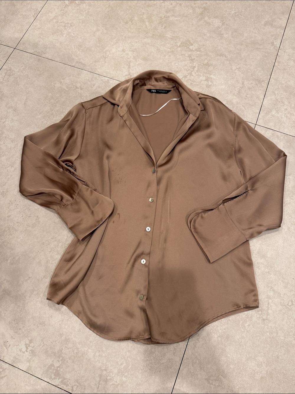 Zara Oversized Silky Brown Button-Up Blouse